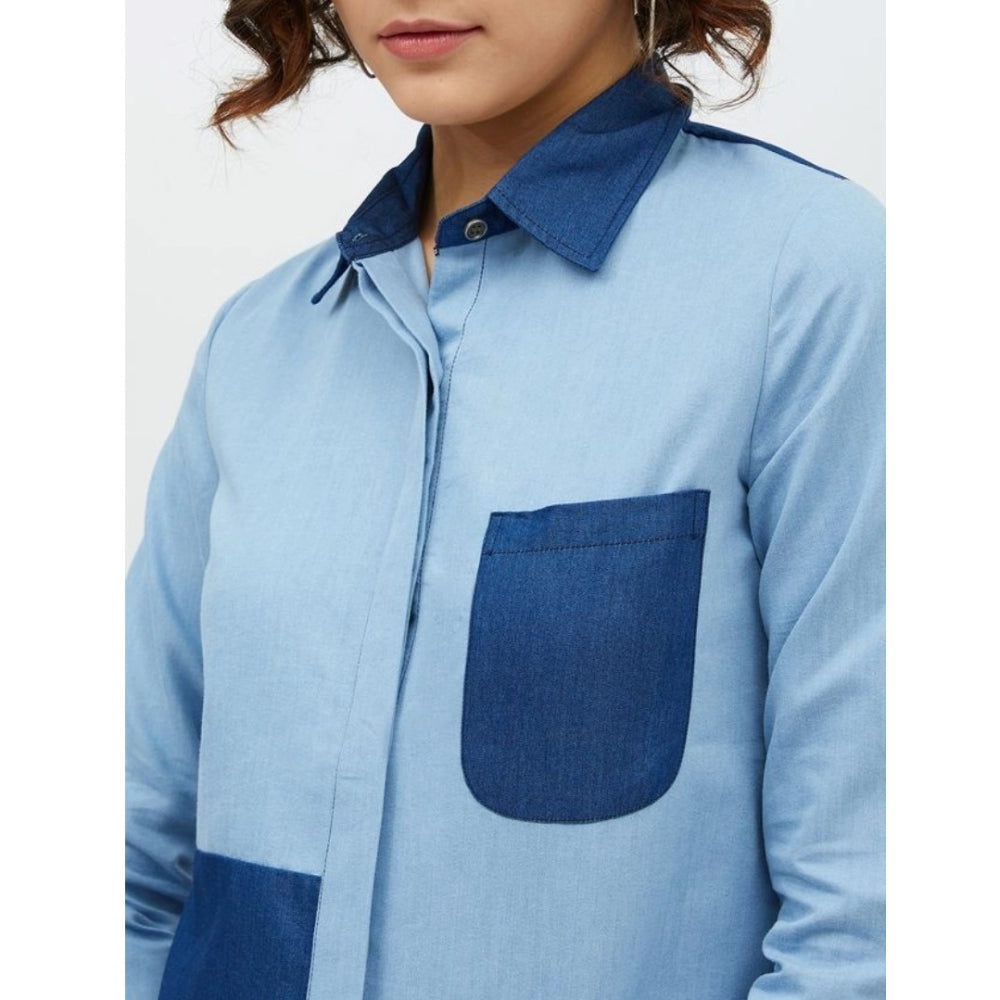 Indoraa Women's Denim Patch Work Long Sleeves Standard Length Shirt (Blue)