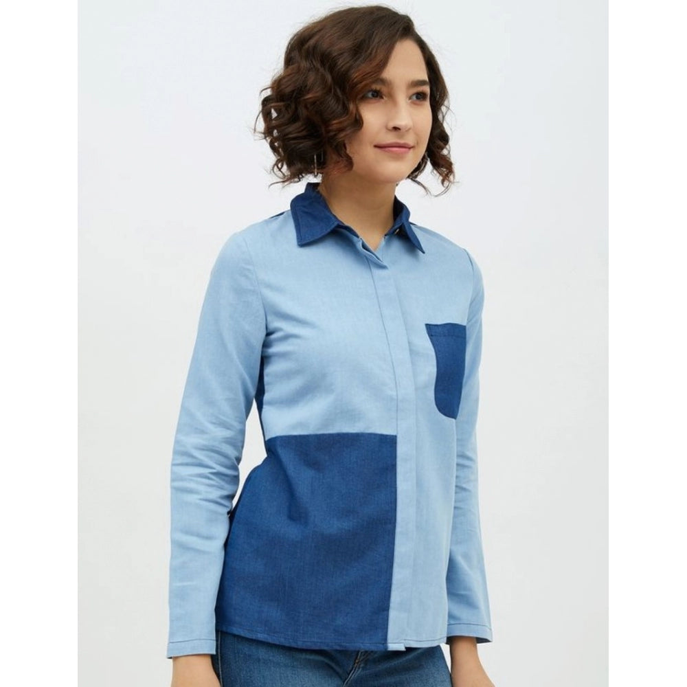 Indoraa Women's Denim Patch Work Long Sleeves Standard Length Shirt (Blue)