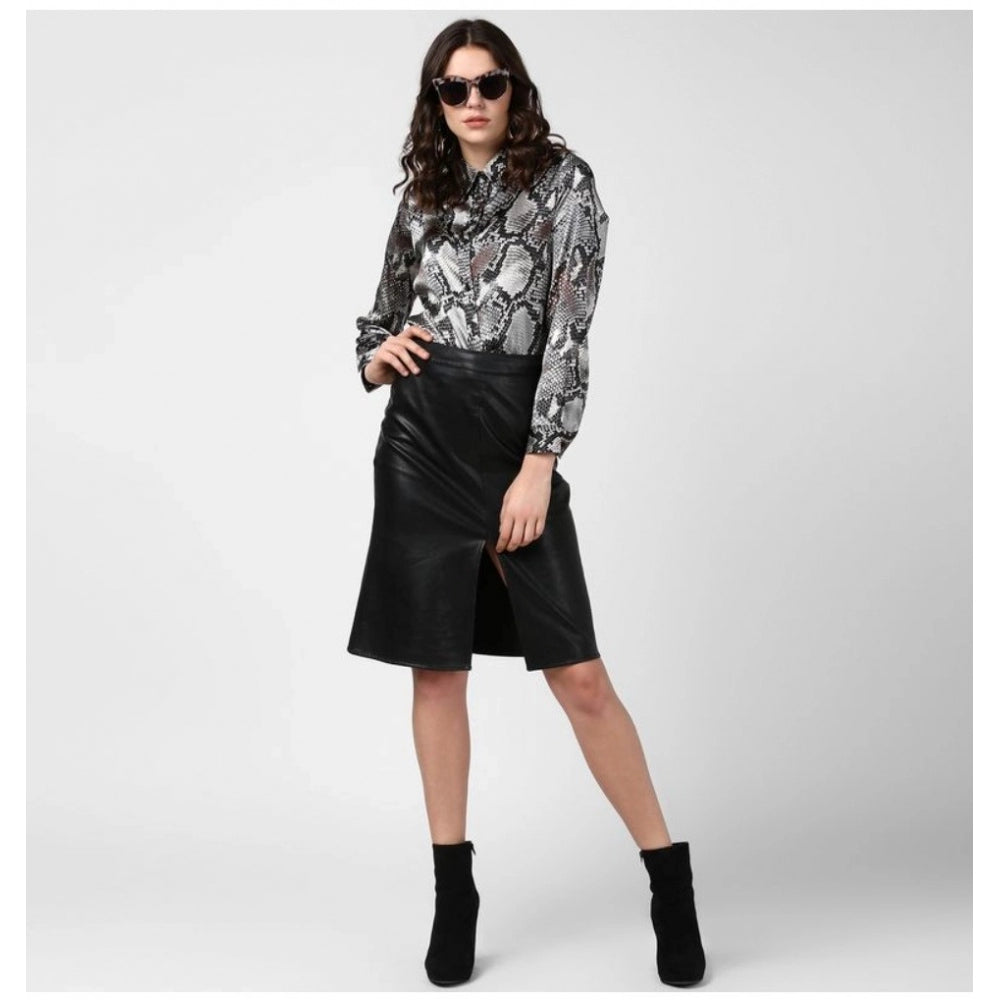 Indoraa Women's Satin Animal Print Long Sleeves Standard Length Shirt (Black - Grey)