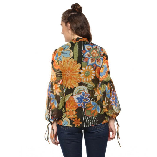 Indoraa Women's Polyester Floral Balloon Sleeve Top (Mustard - Olive)