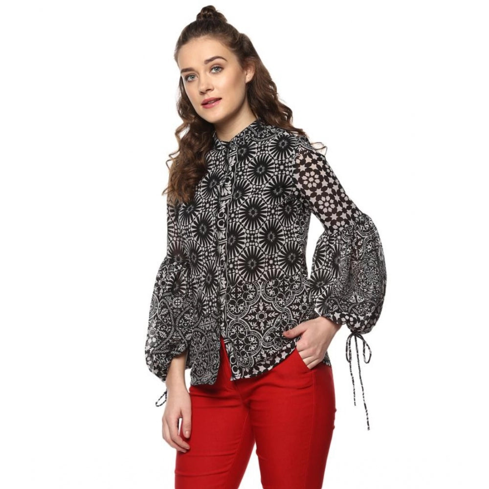 Indoraa Women's Polyester Printed Balloon Sleeve Top (Black - White)