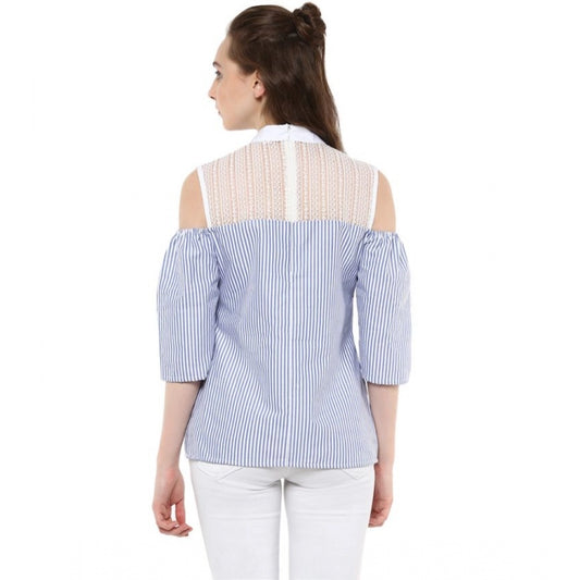 Indoraa Women's Cotton Striped Cold Shoulder Top (Blue)