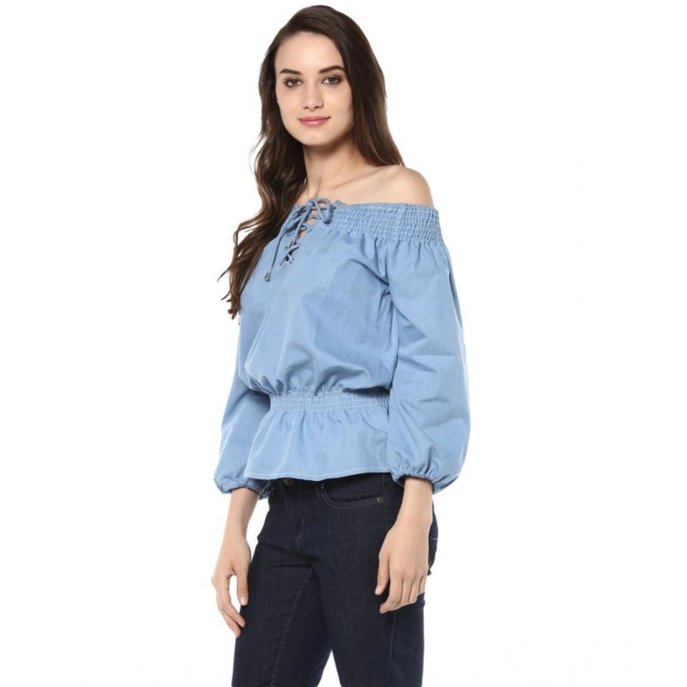Indoraa Women's Denim Solid 3-4th Sleeves Regular Top (Blue)