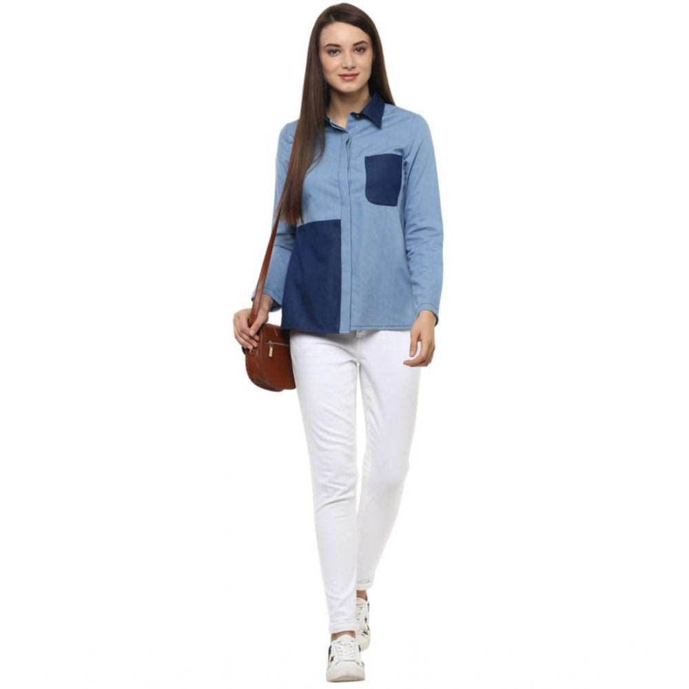 Indoraa Women's Denim Patch Work Long Sleeves Regular Top (Blue)