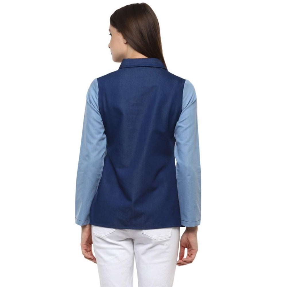 Indoraa Women's Denim Patch Work Long Sleeves Regular Top (Blue)
