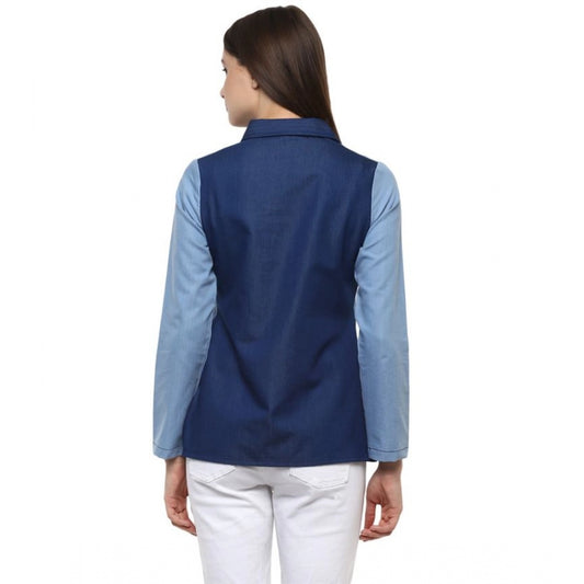 Indoraa Women's Denim Patch Work Long Sleeves Regular Top (Blue)