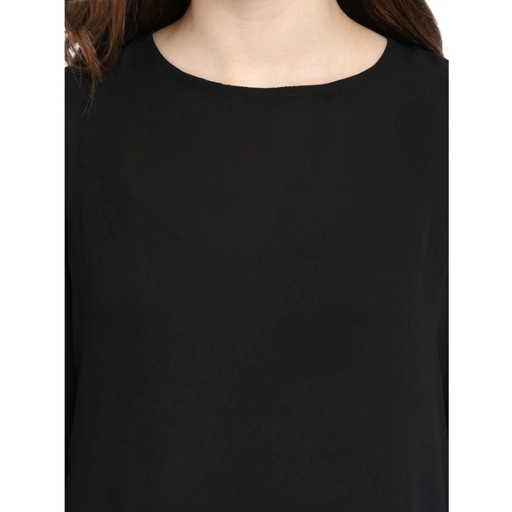 Indoraa Women's Polyester Georgette Self Design Bell Sleeve Regular Top (Black)