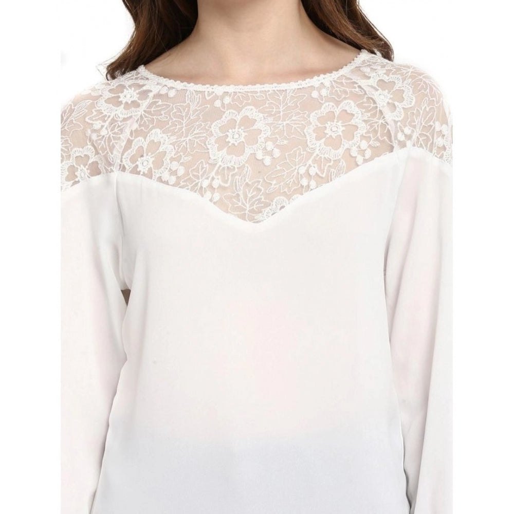 Indoraa Women's Polyester Georgette Self Design 3-4th Sleeves Regular Top (White)