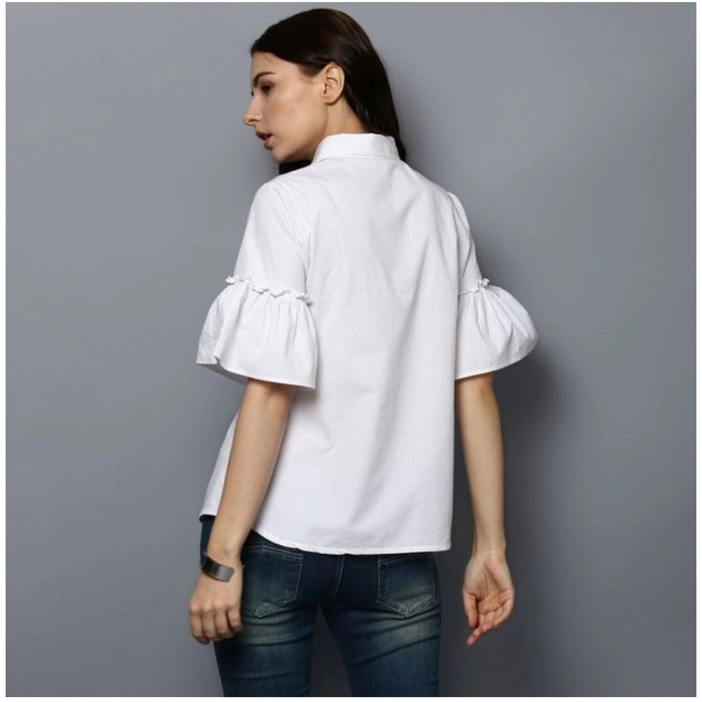 Indoraa Women's Cotton Solid Bell Sleeve Top (White)