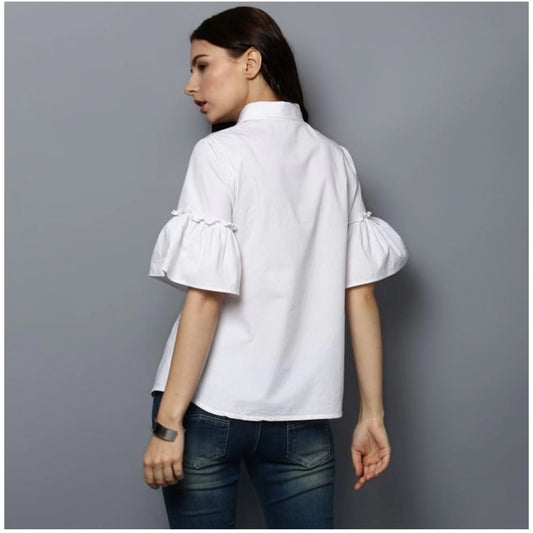 Indoraa Women's Cotton Solid Bell Sleeve Top (White)
