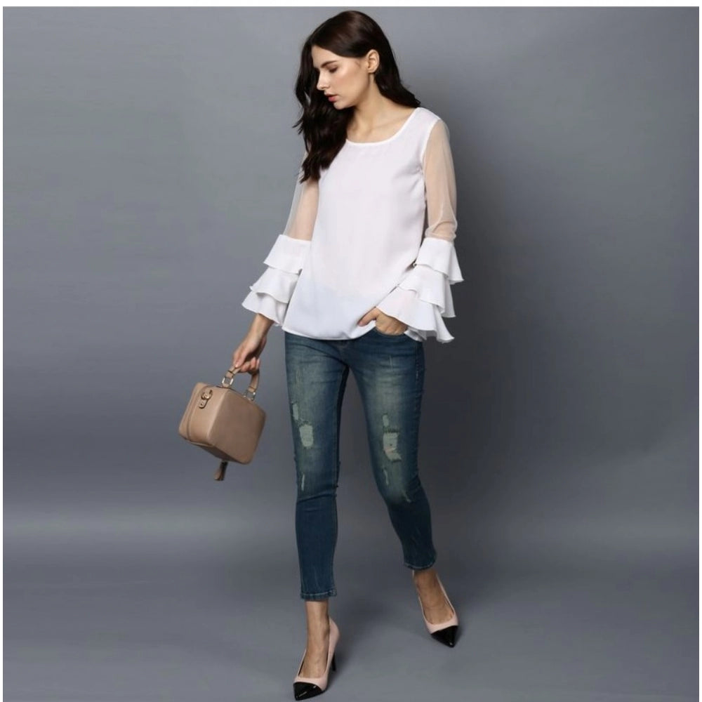 Indoraa Women's Polyester Solid Tier Sleeve Top (White)