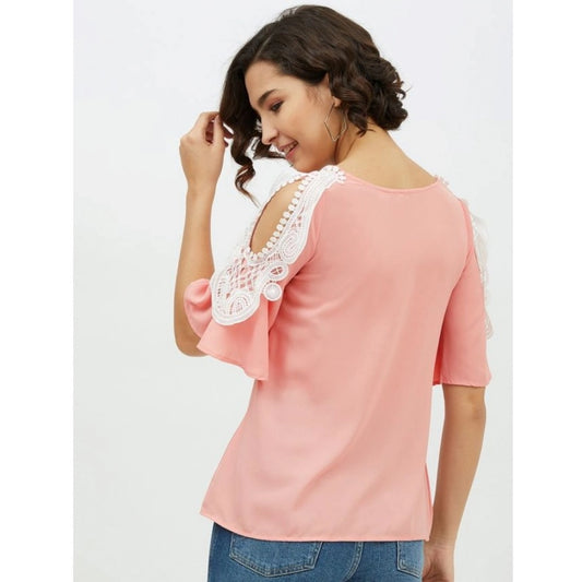 Indoraa Women's Polyester Lace Inserts Cold Shoulder Top (Pink)