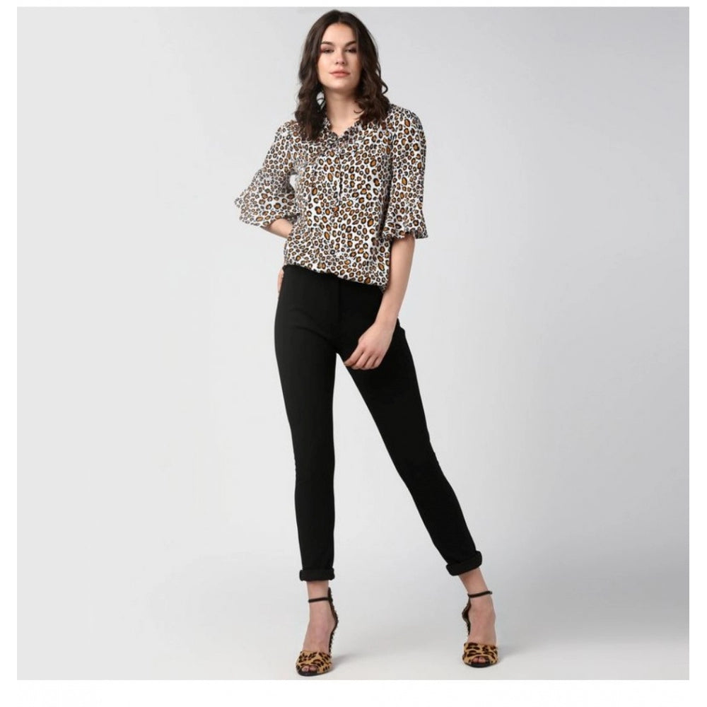 Indoraa Women's Polyester Animal Print Bell Sleeve Top (Orange - Black)