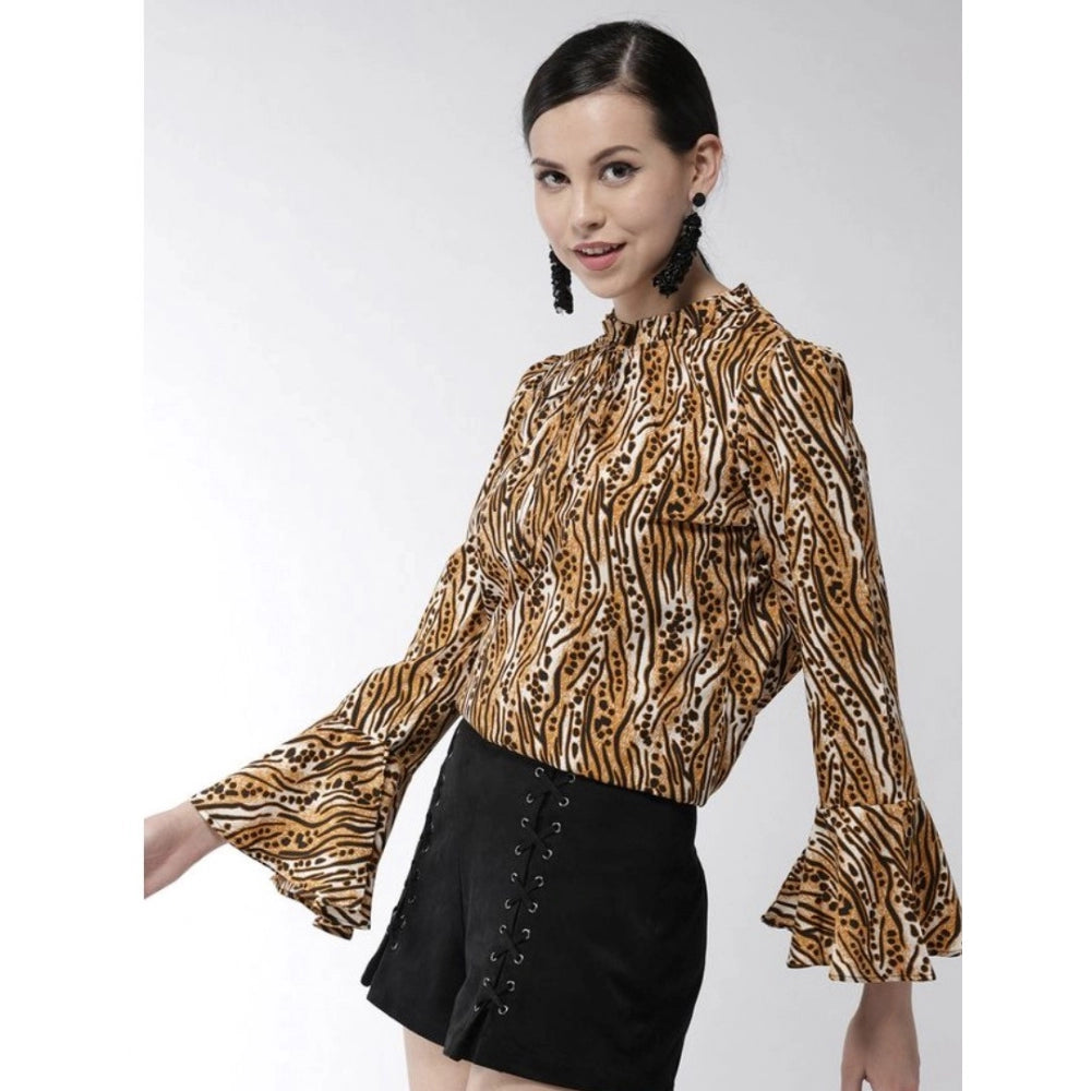 Indoraa Women's Polyester Printed Bell Sleeve Top (Orange - Black)