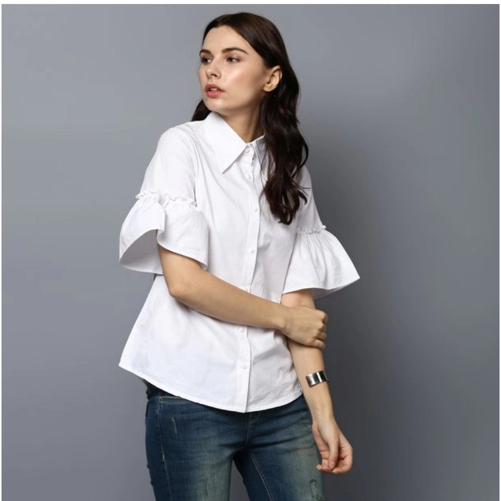 Indoraa Women's Cotton Solid Bell Sleeve Top (White)