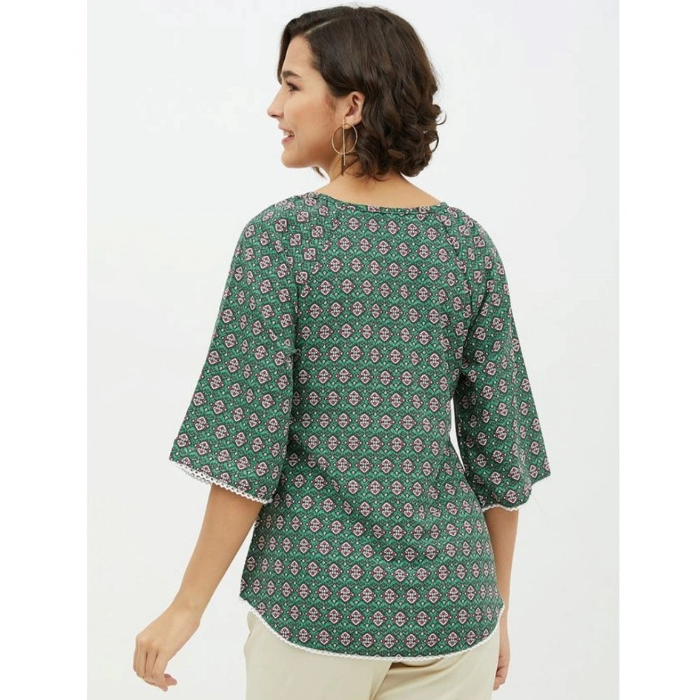 Indoraa Women's Polyester Printed 3-4th Sleeves Top (Green)
