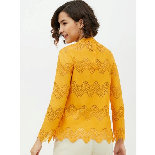 Indoraa Women's Cotton Lace Inserts Long Sleeves Top (Yellow)