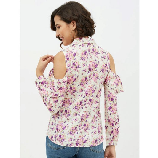 Indoraa Women's Polyester Floral Cold Shoulder Standard Length Shirt (White)