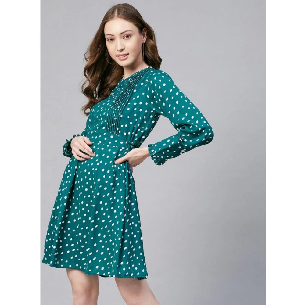 Indoraa Women's Polyester Polka Long Sleeves Above Knee Dress (Green - White)