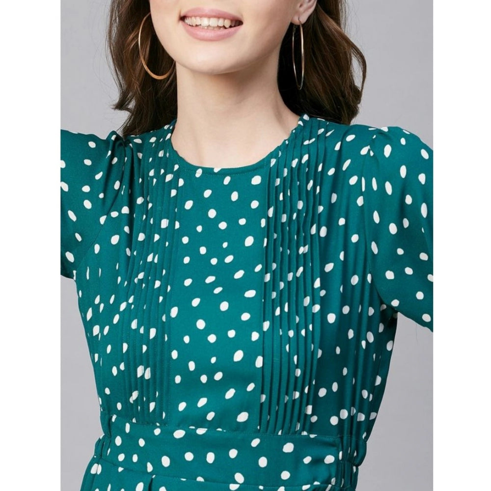 Indoraa Women's Polyester Polka Long Sleeves Above Knee Dress (Green - White)