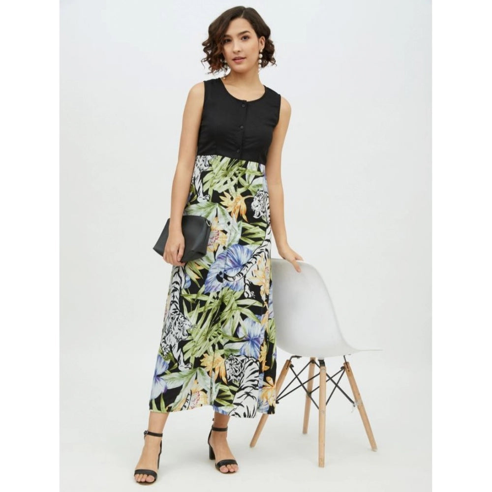 Indoraa Women's Rayon Floral Sleeveless Calf-length Dress (Multicolor)