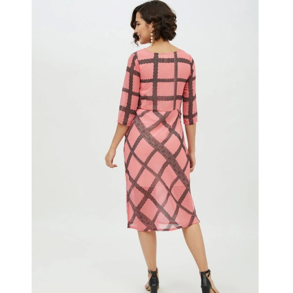 Indoraa Women's Polyester Checkered 3-4th Sleeves Below Knee Dress (Pink)