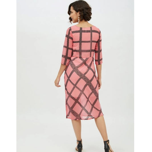 Indoraa Women's Polyester Checkered 3-4th Sleeves Below Knee Dress (Pink)