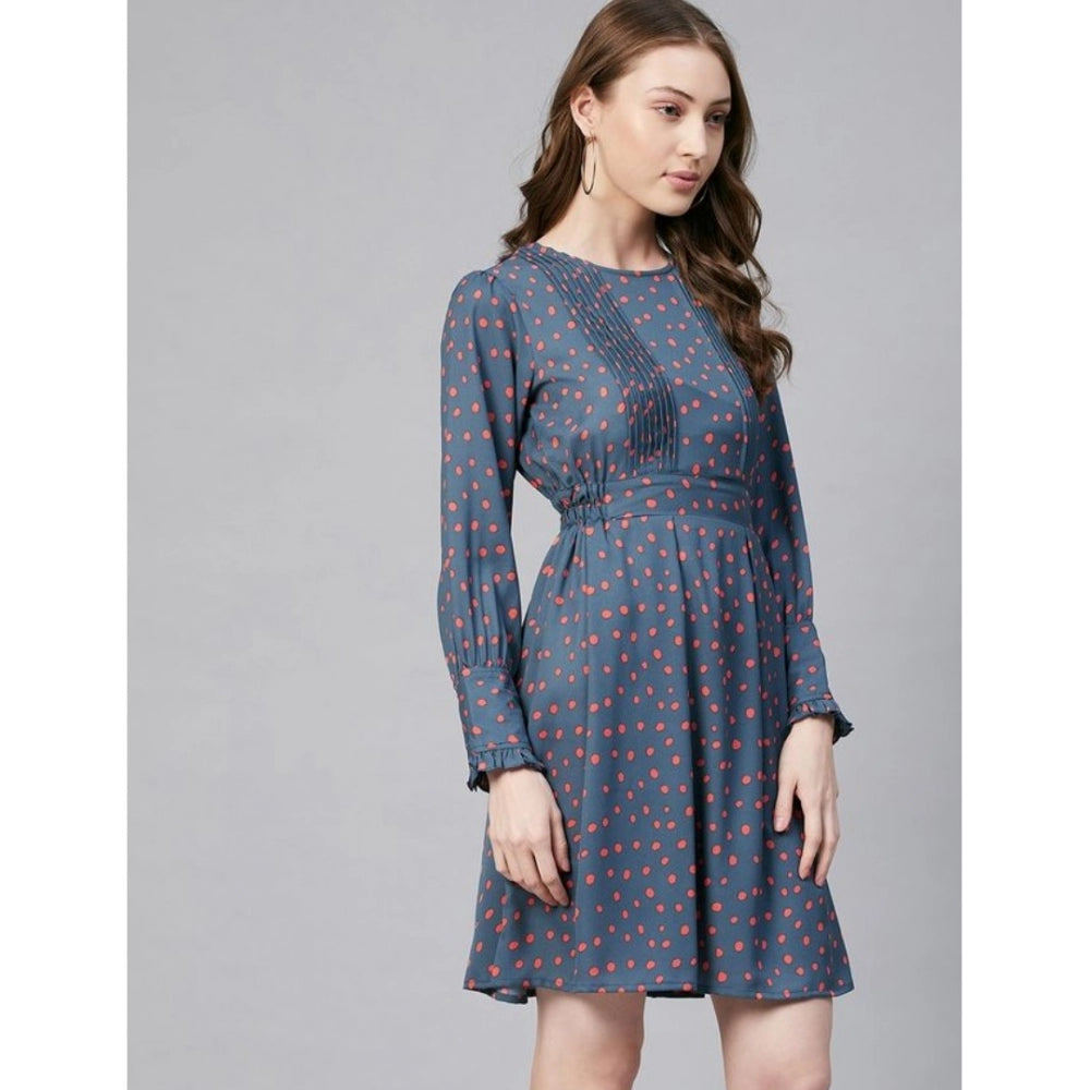 Indoraa Women's Polyester Polka Long Sleeves Above Knee Dress (Grey - Coral)