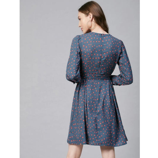Indoraa Women's Polyester Polka Long Sleeves Above Knee Dress (Grey - Coral)