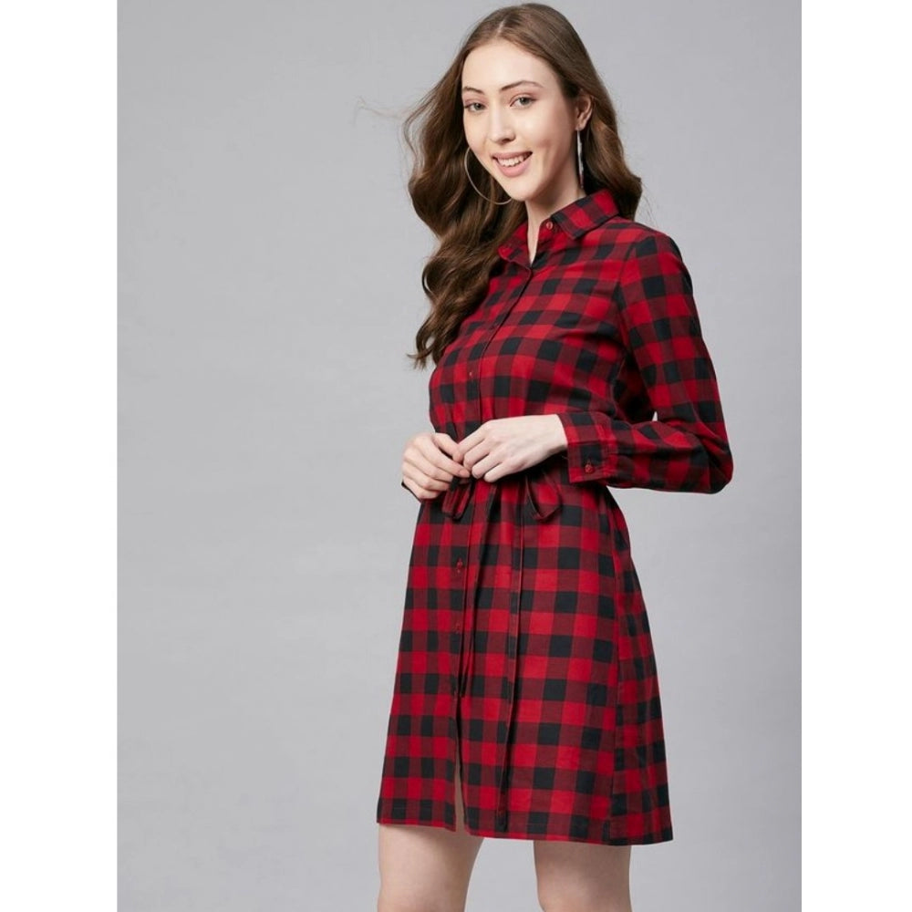 Indoraa Women's Cotton Checkered Long Sleeves Above Knee Dress (Red - Black)