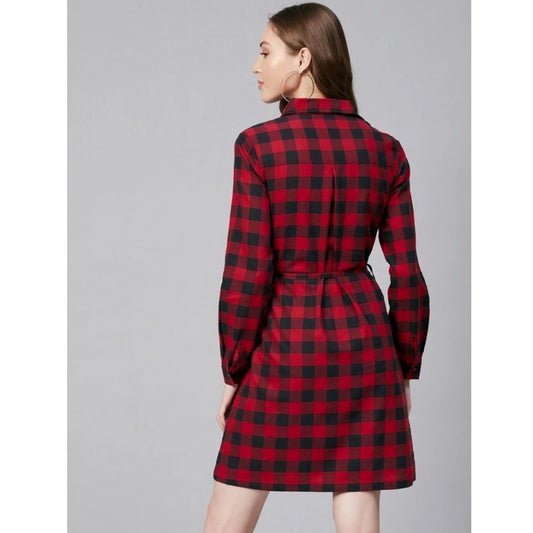 Indoraa Women's Cotton Checkered Long Sleeves Above Knee Dress (Red - Black)