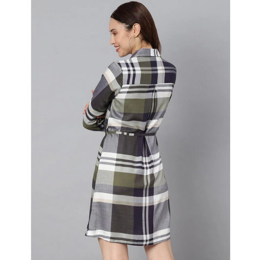 Indoraa Women's Cotton Checkered Long Sleeves Above Knee Dress (Olive - White)