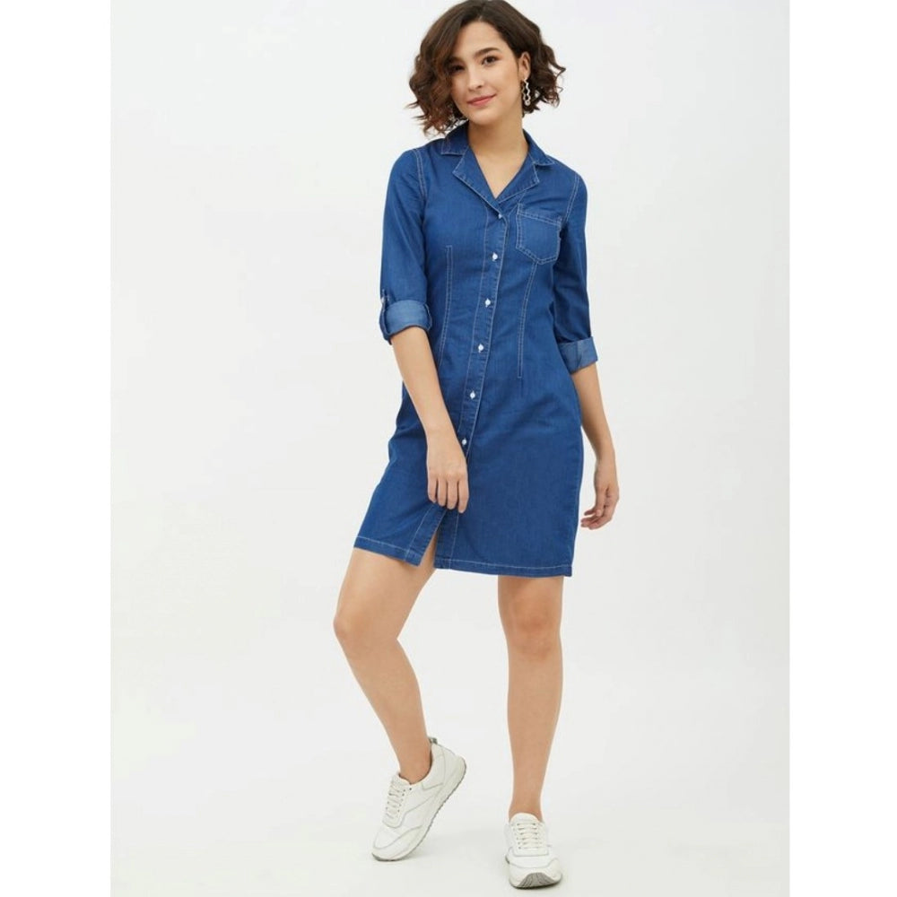 Indoraa Women's Denim Solid Long Sleeves Above Knee Dress (Blue)