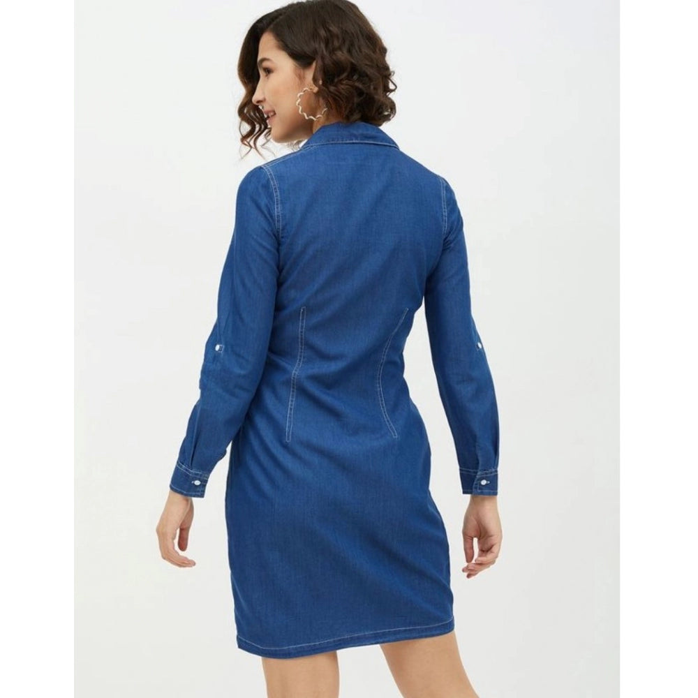 Indoraa Women's Denim Solid Long Sleeves Above Knee Dress (Blue)