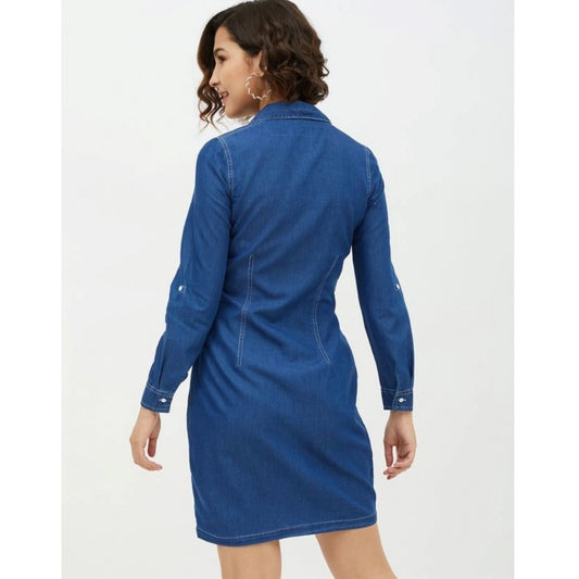 Indoraa Women's Denim Solid Long Sleeves Above Knee Dress (Blue)