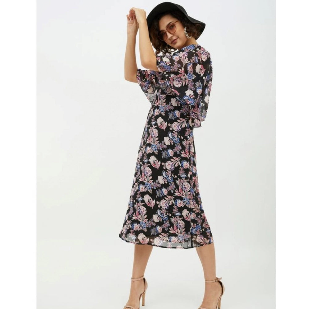 Indoraa Women's Polyester Chain Print Cap Sleeve Calf-length Dress (Multicolor)
