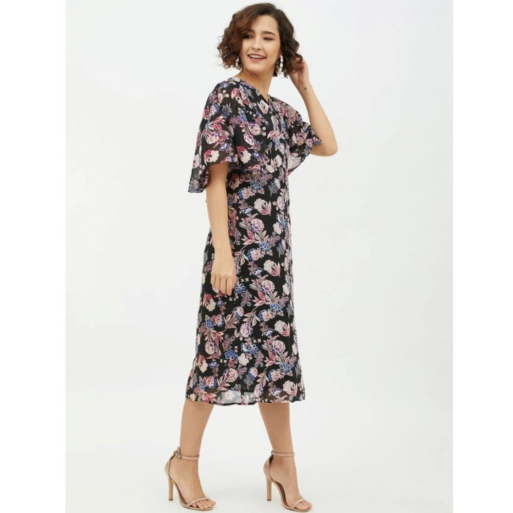 Indoraa Women's Polyester Chain Print Cap Sleeve Calf-length Dress (Multicolor)