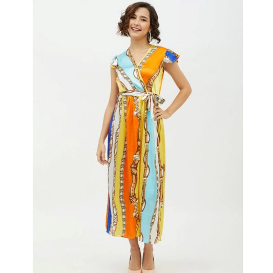 Indoraa Women's Satin Chain Print Cap Sleeve Calf-length Dress (Multicolor)