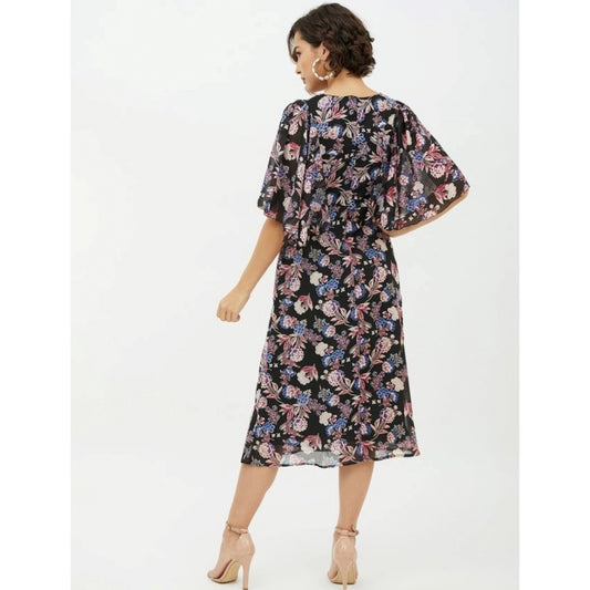 Indoraa Women's Polyester Chain Print Cap Sleeve Calf-length Dress (Multicolor)