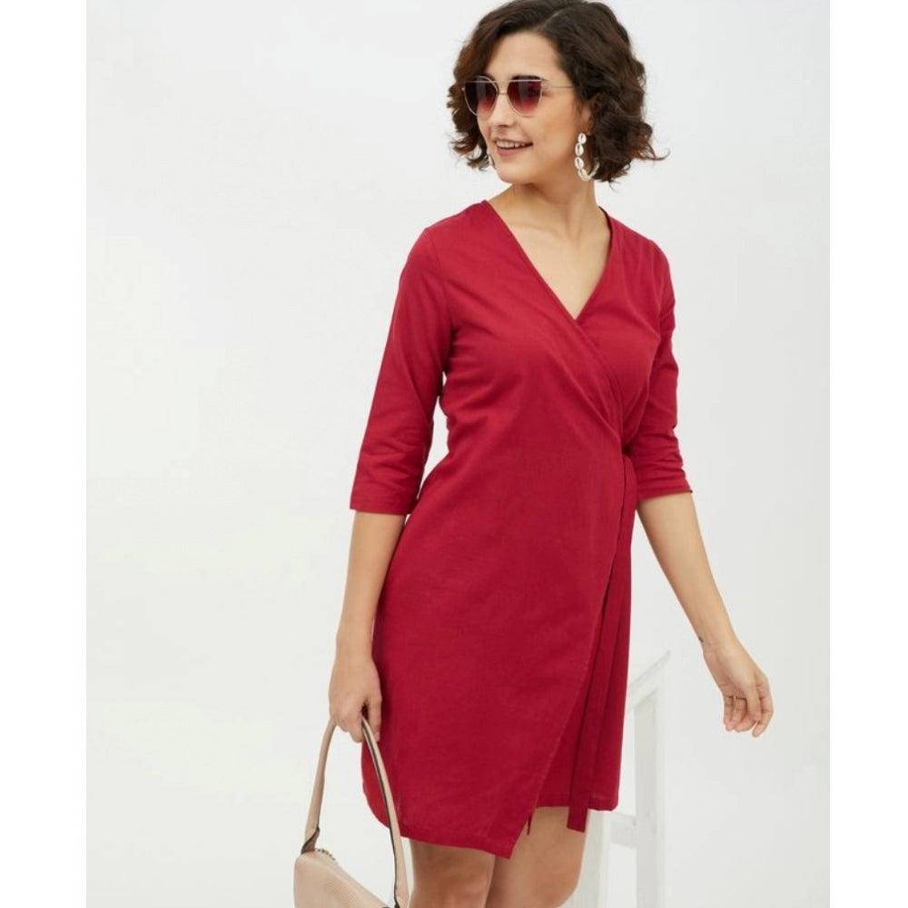 Indoraa Women's Cotton Wrap 3-4th Sleeves Above Knee Dress (Maroon)