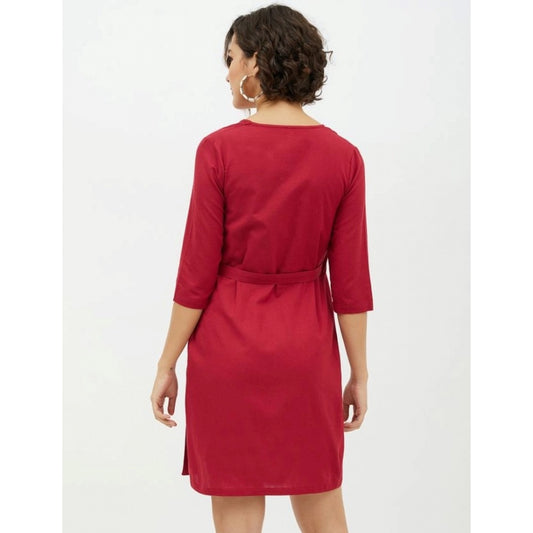 Indoraa Women's Cotton Wrap 3-4th Sleeves Above Knee Dress (Maroon)