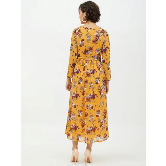 Indoraa Women's Polyester Floral Long Sleeves Calf-length Dress (Multicolor)