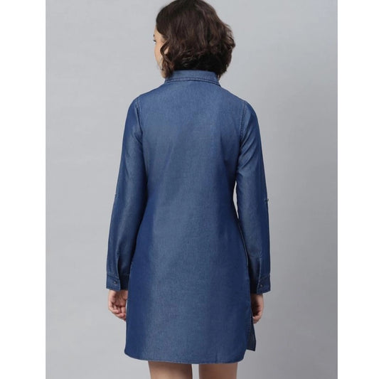 Indoraa Women's Denim Solid Long Sleeves Above Knee Dress (Navy Blue)