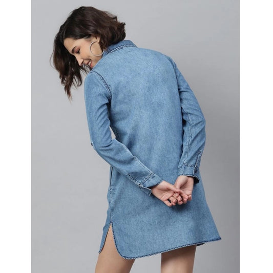 Indoraa Women's Denim Solid Long Sleeves Above Knee Dress (Ice Blue)