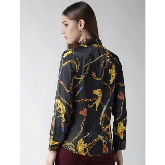Indoraa Women's Satin Printed Long Sleeves Standard Length Shirt (Black - Gold)