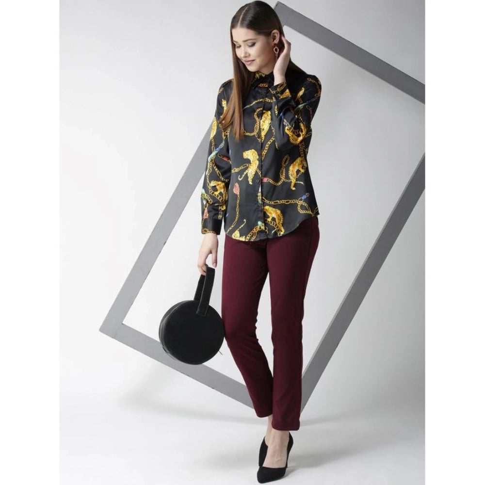 Indoraa Women's Satin Printed Long Sleeves Standard Length Shirt (Black - Gold)