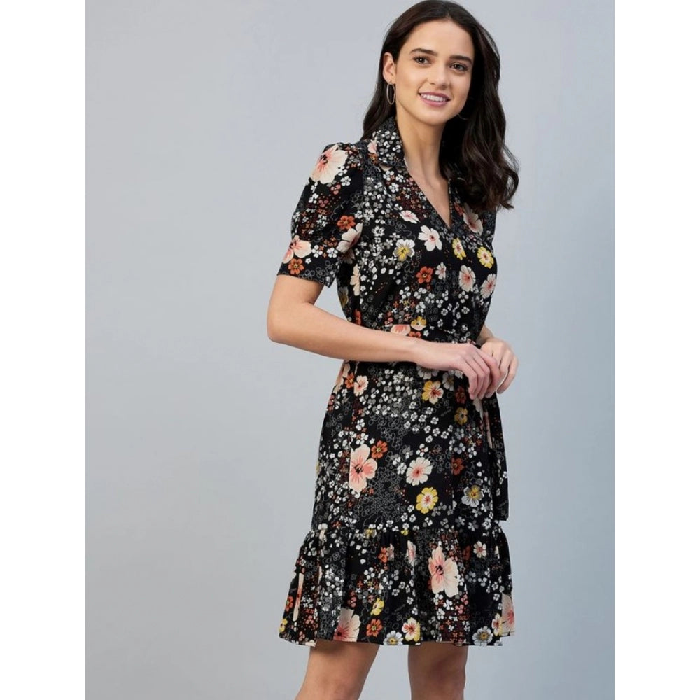 Indoraa Women's Polyester Floral Short Sleeve Above Knee Dress (Black)
