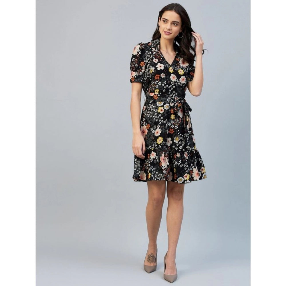 Indoraa Women's Polyester Floral Short Sleeve Above Knee Dress (Black)