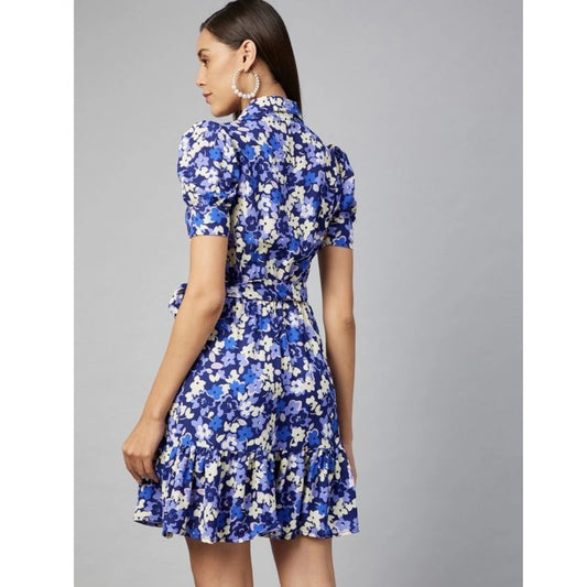 Indoraa Women's Polyester Floral Short Sleeve Above Knee Dress (Blue - Purple)