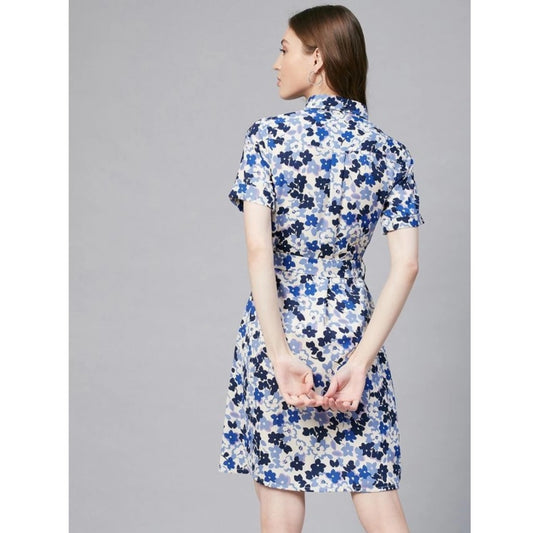 Indoraa Women's Polyester Floral Short Sleeve Above Knee Dress (Blue - White)